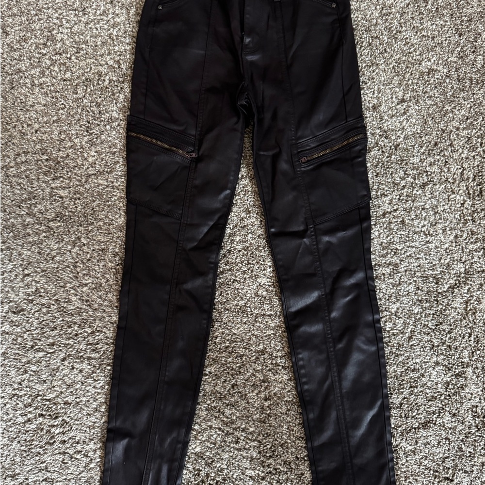 Brown Coated Denim Pants with Zipper Details